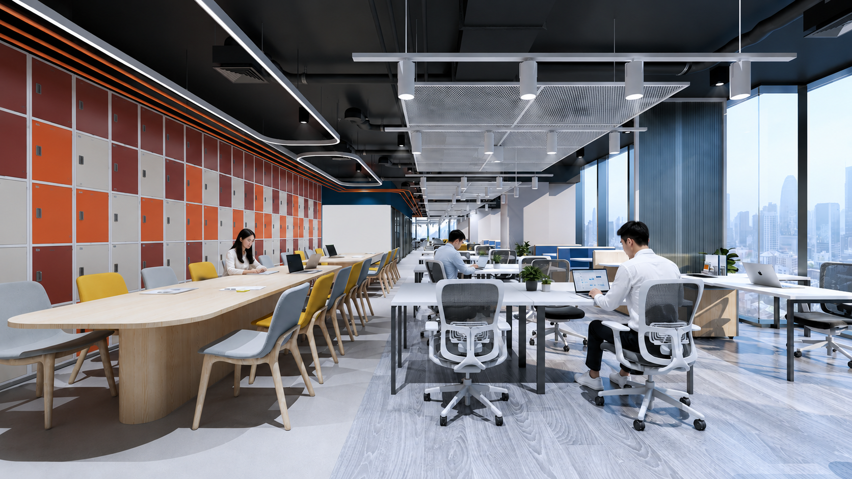 First Chapter — Open workspace with city skyline