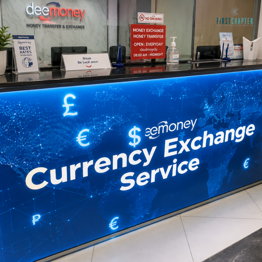 Counter front display showing blue world map graphic with Currency Exchange Service text