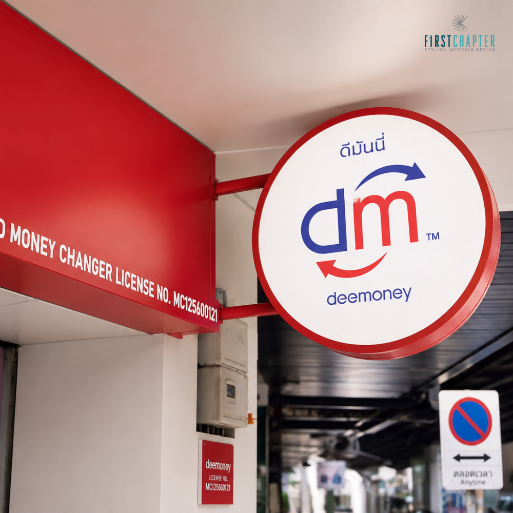 Exterior red fascia with money changer license number and round projecting dm sign