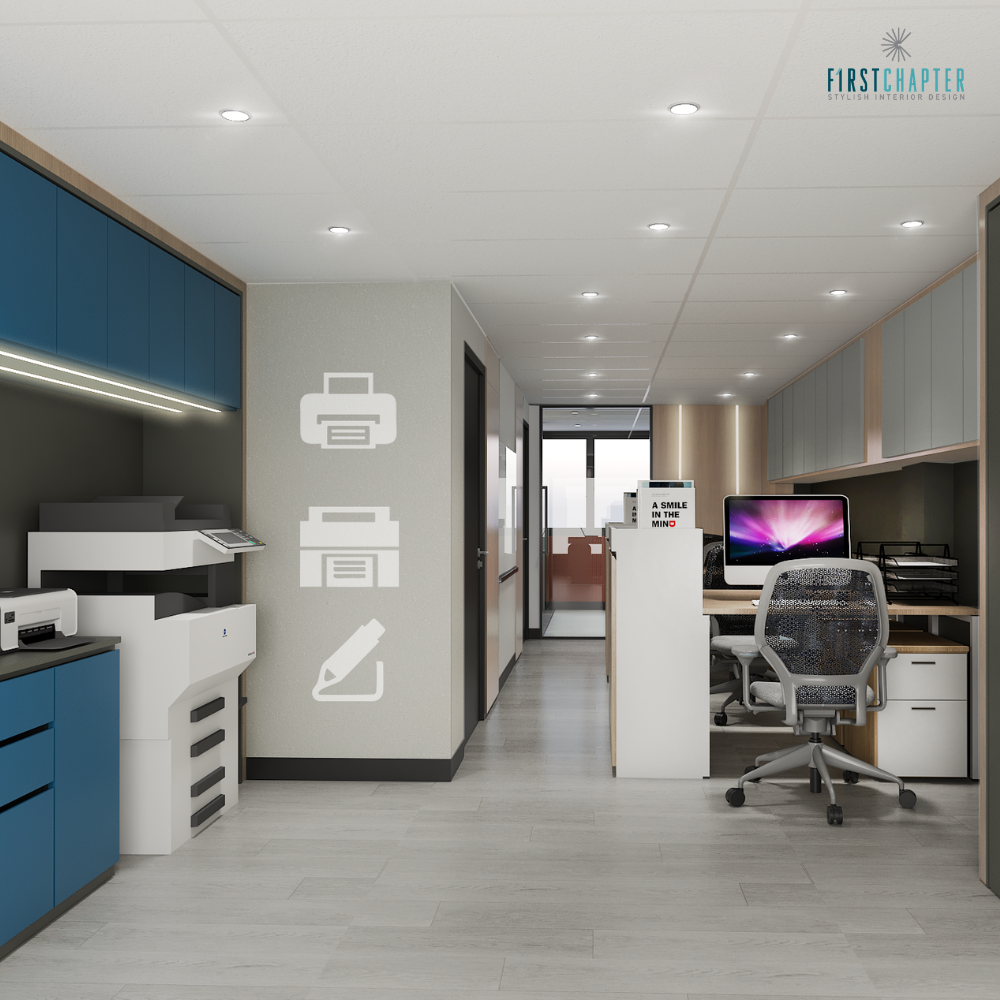 Office corridor with blue built-in cabinets, printer and copier station, wall pictograms and a workstation with an iMac
