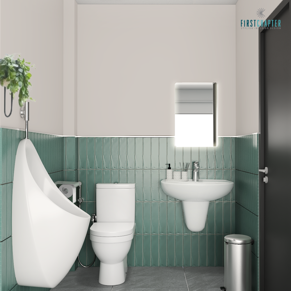Restroom with green vertical subway tiles on the lower wall, urinal, toilet, wall-hung basin and lit mirror cabinet