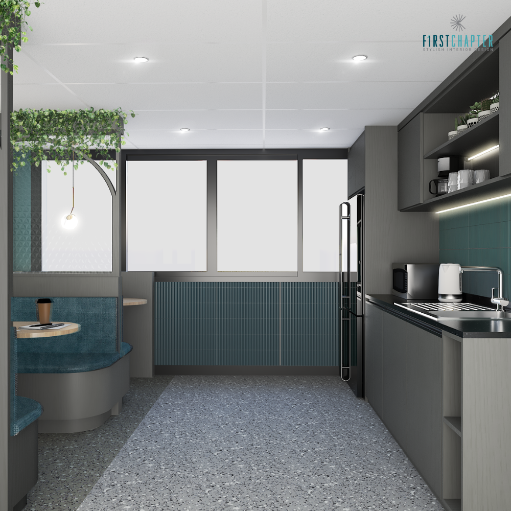 Office pantry with grey cabinetry, teal fluted panel under the window, teal tile splashback, terrazzo floor and a curved booth seat