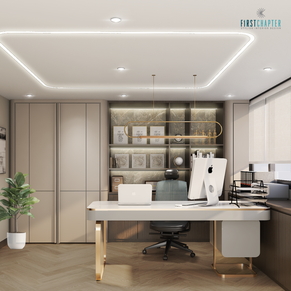 Executive office with beige wardrobe, backlit marble-look shelving, gold oval pendant, gold-legged desk and LED ceiling cove