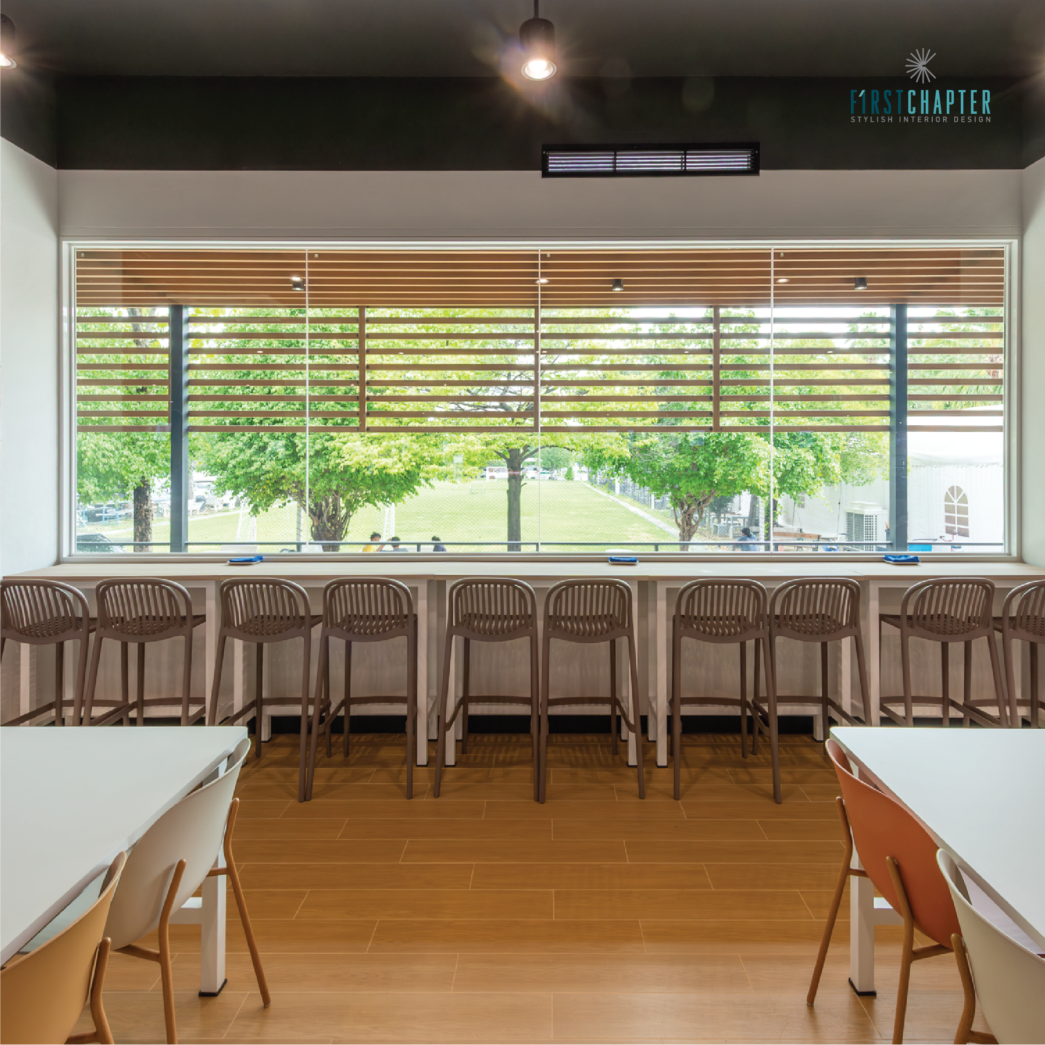 Mitsubishi Canteen — window-bar seating with garden view
